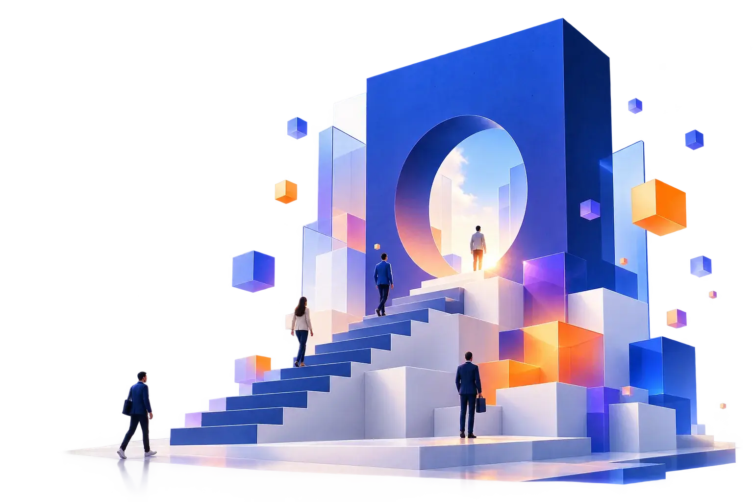People ascending through an architectural portal, representing progress