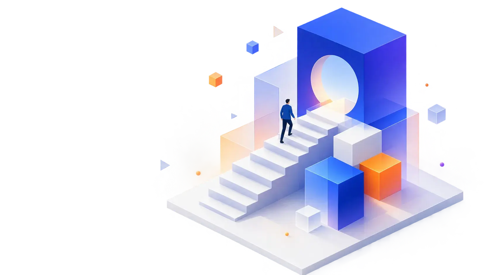 A person approaching a bright architectural portal