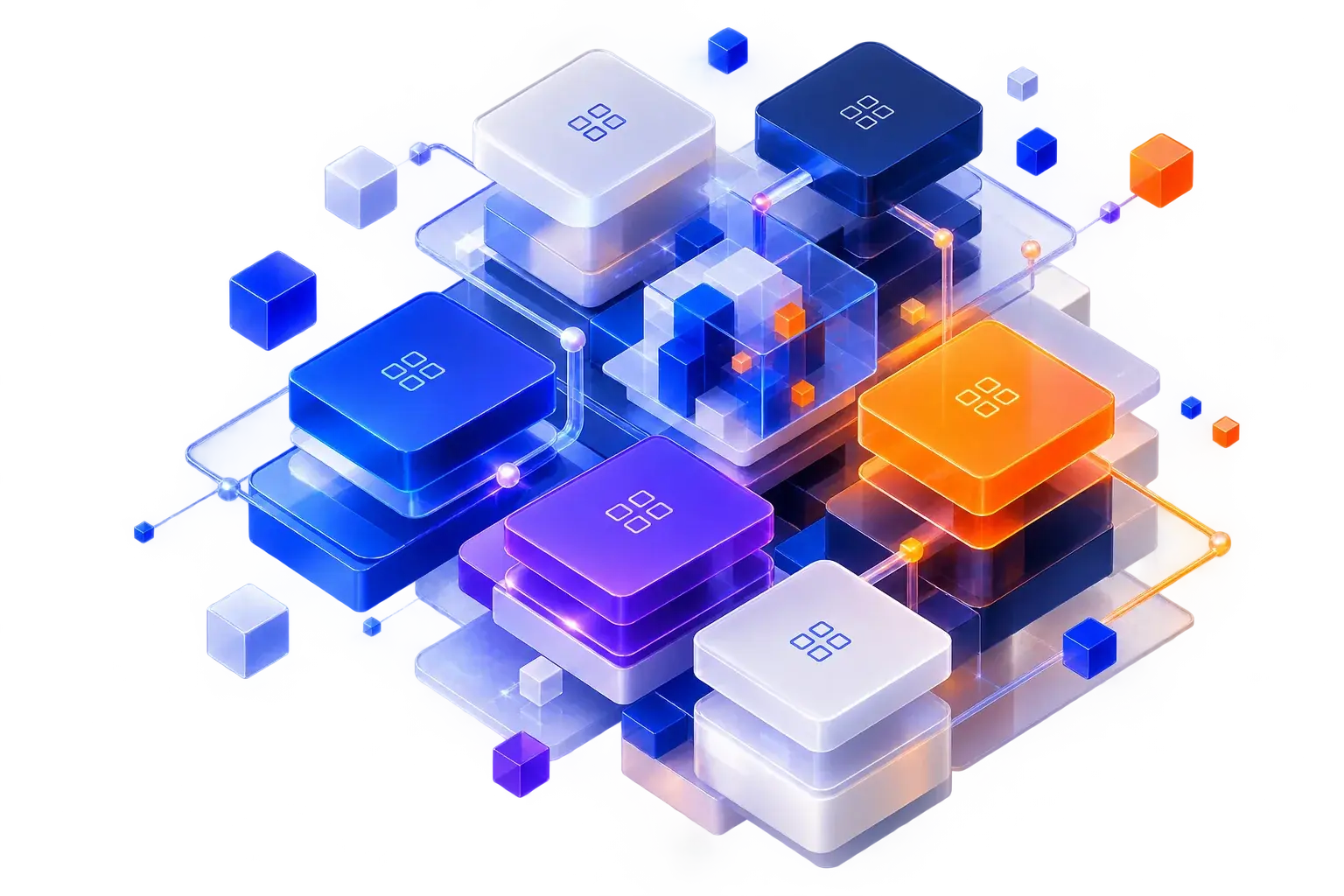 Connected glowing modules representing AI and network infrastructure